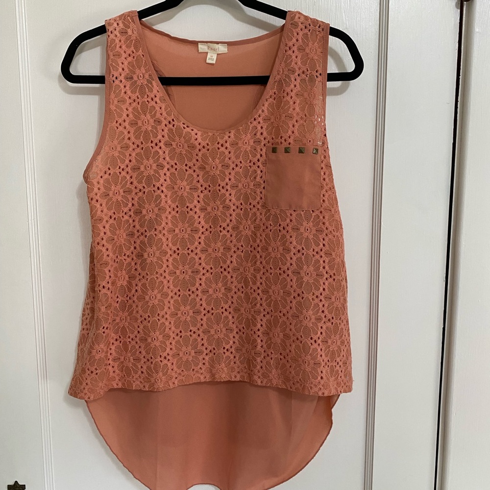 Floral, salmon colored, high-low top.
